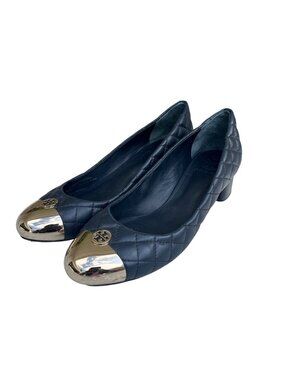 Tory Burch Black Quilted Leather Cap Toe Pumps With Gold Accents Size 9M